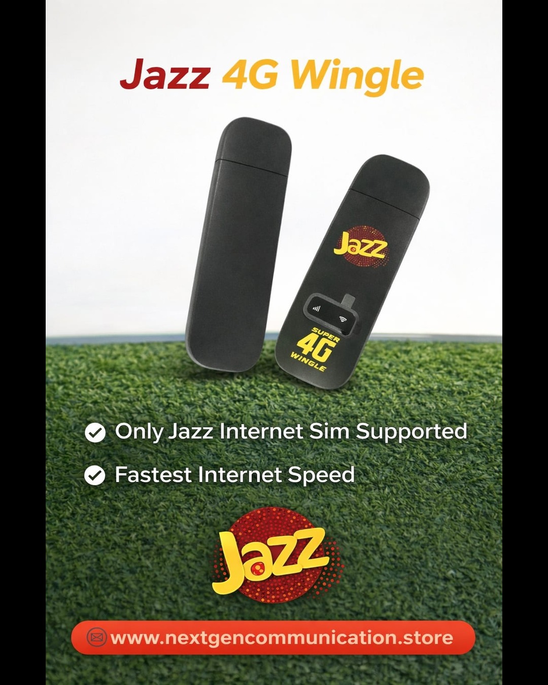Jazz 4G Wingle USB modem displayed on a green grass background with NextGen Communication branding.